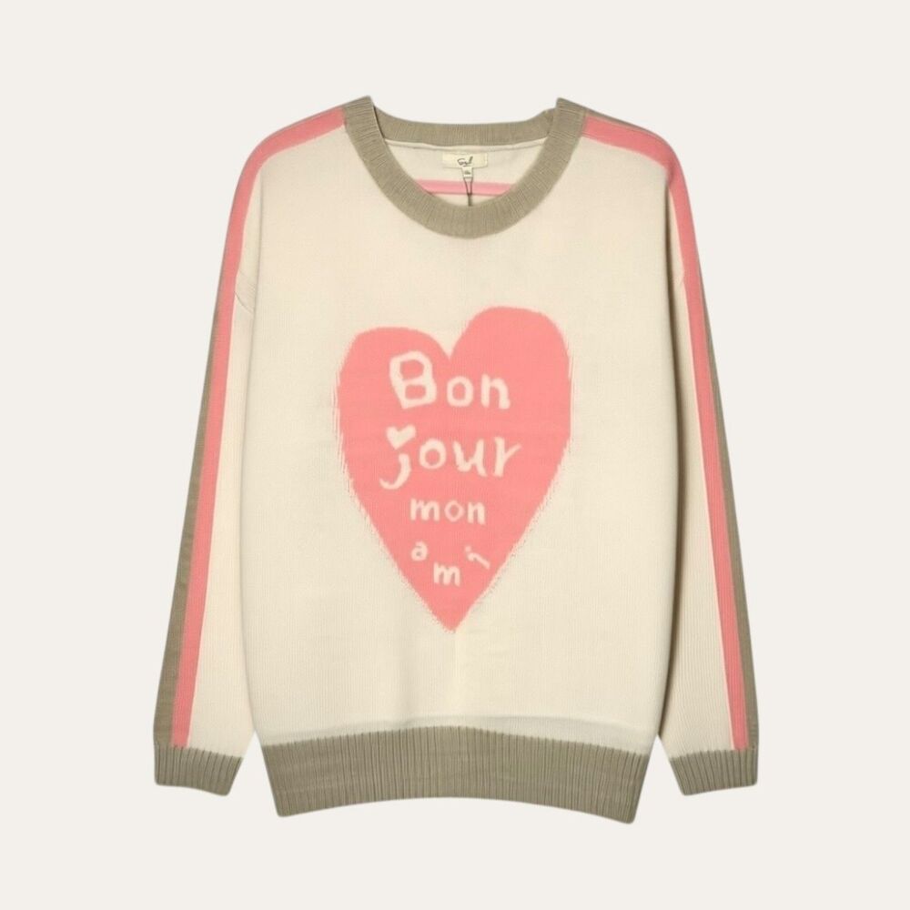BRAND NEW-Easel Bonjour Mon Ami Heart Graphic Sweater, Cream/Pink, Size Large